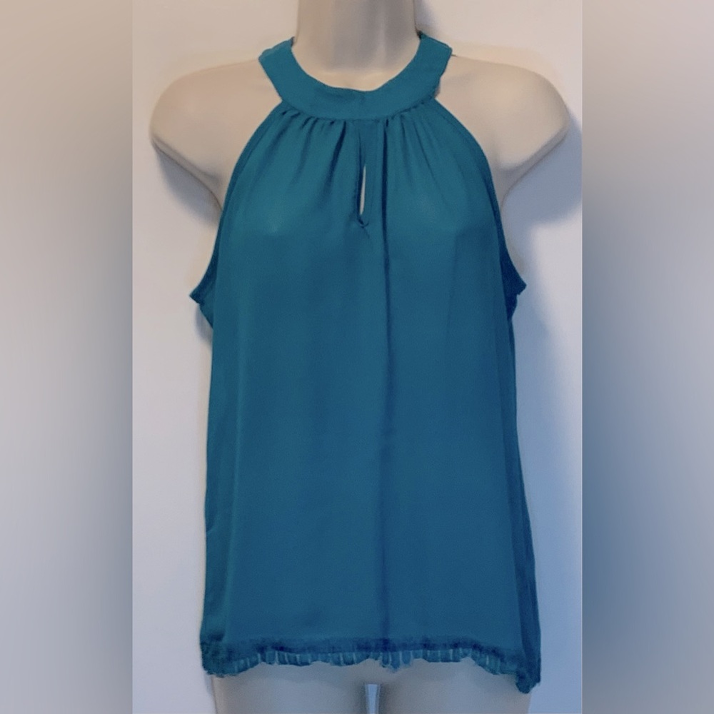 Aqua Blue Halter Top With Fringe Along Bottom. Size Small.